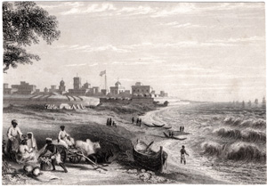 [beach scene with town in background]